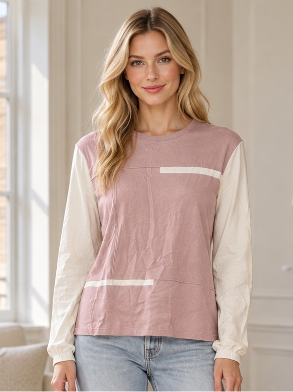 Stella B. Maris Pink Ivory Colorblock Long Sleeve Top XL